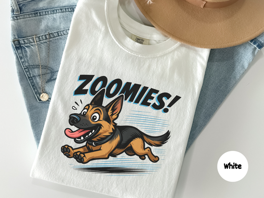 Funny german shepherd zoomies t shirt featuring a high energy gsd dog running at full speed designed for dog lovers pet owners and german shepherd fans