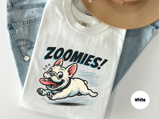 Funny bulldog zoomies t shirt featuring a high energy frenchie dog running at full speed designed for dog lovers pet owners and french bulldog fans