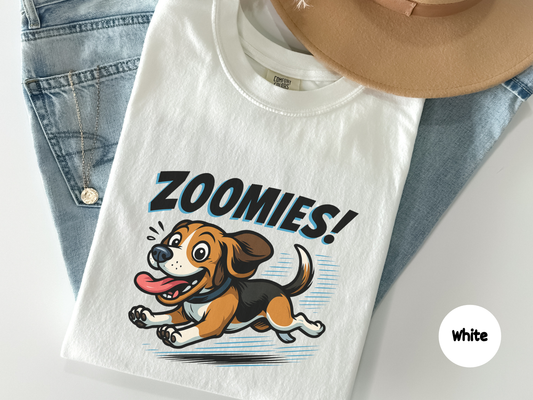 Funny beagle zoomies t shirt featuring a happy beagle dog running at full speed designed for beagle owners dog lovers and playful canine fans