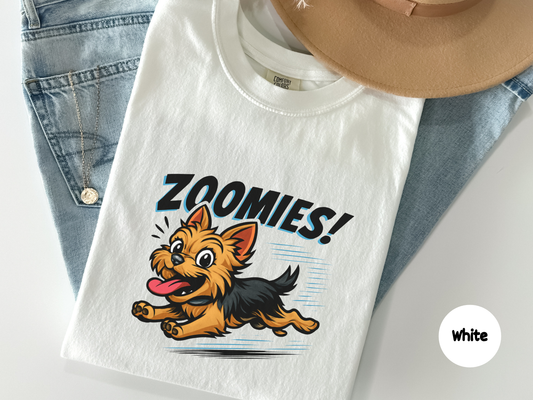 Funny yorkshire terrier zoomies t shirt featuring a happy yorkie dog running at full speed designed for yorkie owners small dog lovers and playful pet parents