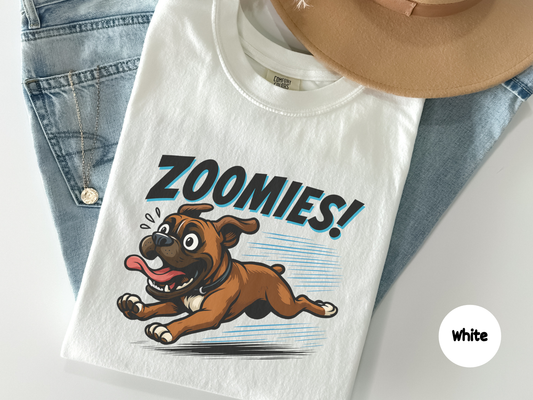Funny boxer dog zoomies t shirt featuring an energetic boxer running at full speed designed for boxer owners dog lovers and playful pet parents
