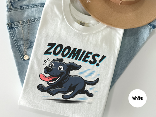 Funny black lab zoomies t shirt featuring an energetic black labrador running at full speed designed for lab owners dog lovers and pet parents
