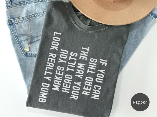Funny sarcastic text t shirt featuring the phrase look really dumb makes no sense still read the way printed in bold white lettering on black background