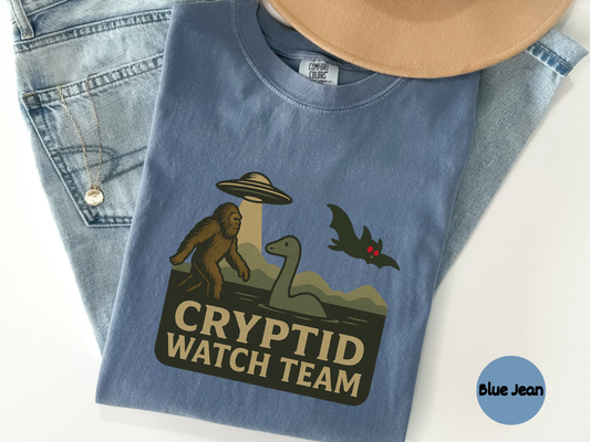 retro cryptid t shirt artwork featuring sasquatch walking beside lake ness monster while alien ufo shines spotlight and red eyed cryptid flies above