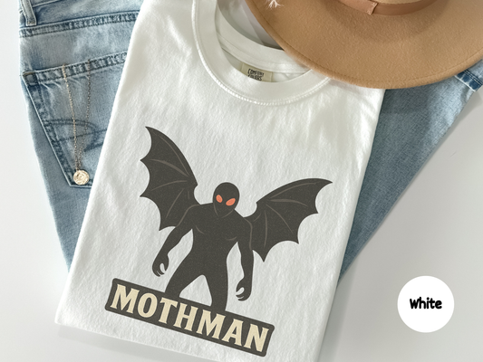 paranormal mothman t shirt design featuring legendary cryptid silhouette with red eyes and ominous wings in minimalist style