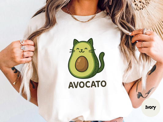cute avocado cat t shirt design showing playful green avocato character combining cat face with avocado body