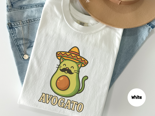avogato shirt graphic featuring smiling avocado shaped cat wearing sombrero and mustache with cute cartoon style