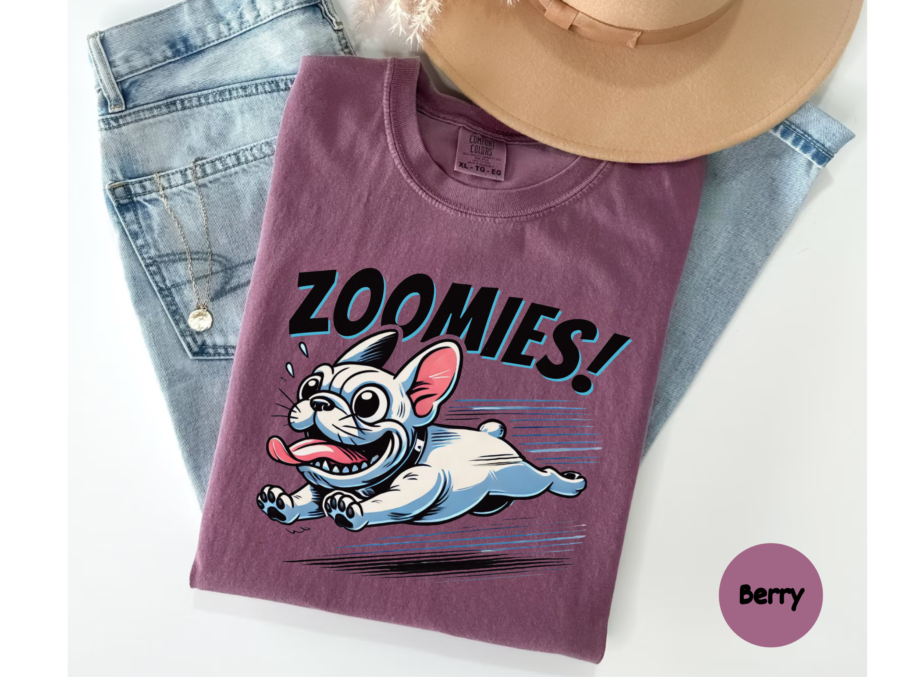 Maroon t-shirt french bulldog and 'Zoomies!' text on a white background