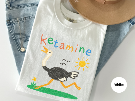 “detailed shot of unisex funny ostrich ketamine print tee casual everyday outfit graphic humor top”